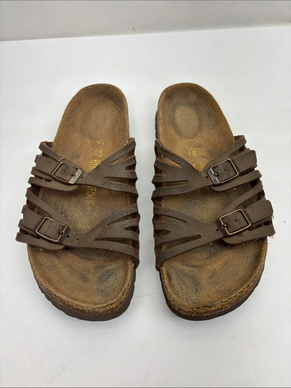 Birkenstock Women’s Brown Leather Double-Buckle Slide Sandals, SZ 6, box 23